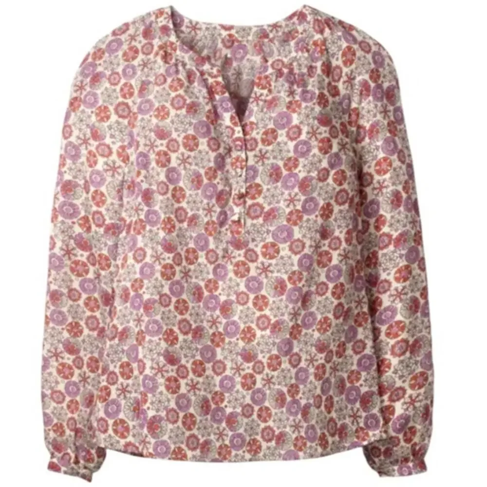 Boden Natural White Patricia Floral Red Purple Popover Long Sleeve Top